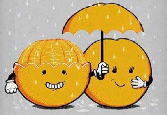 oranges with umbrella people