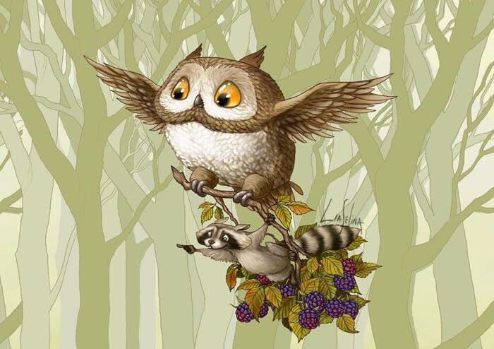 owl helping raccoon family