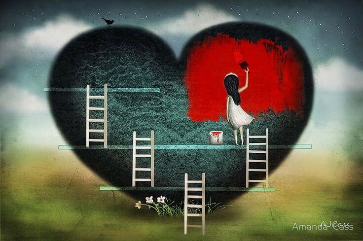 girl painting heart red whole