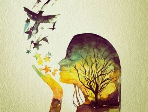 profile with of girl and birds lies 