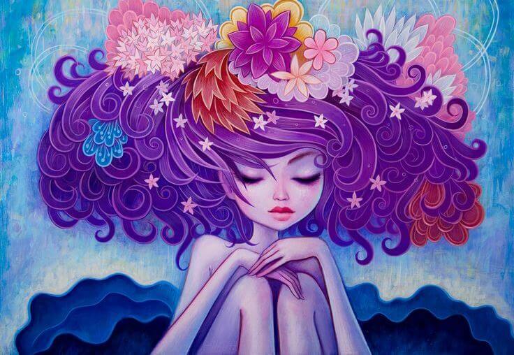 girl with purple hair with flowers rejection