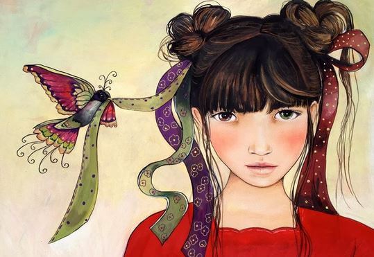 girl and bird with ribbons in her hair lies