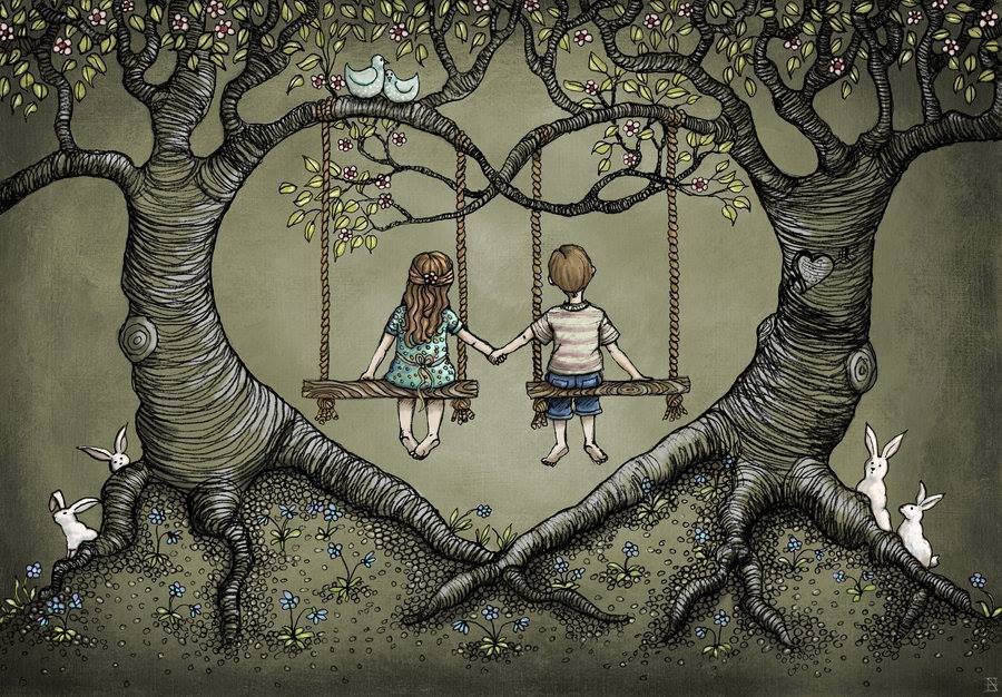 kids on swings holding hands give