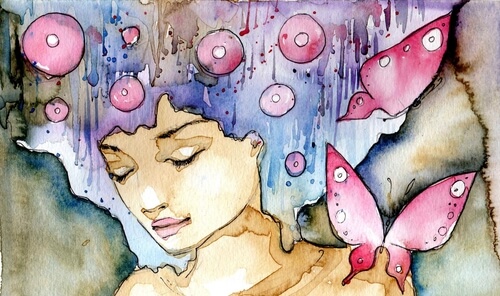 watercolor girl with bubbles and butterfly interest