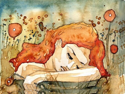 Sad Woman Head Down on Arms