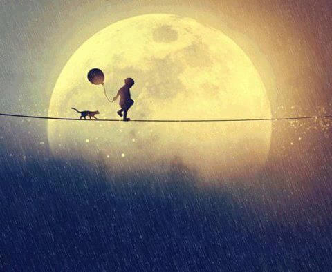 Child and Cat Walking Line in Front of Moon