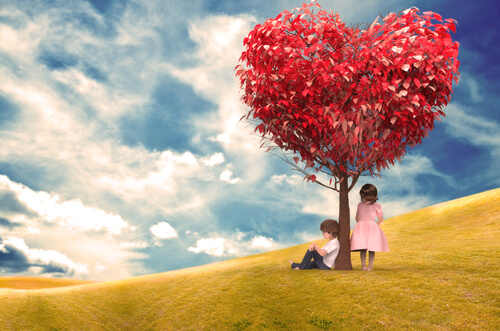 children under a heart tree