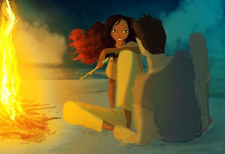 Verliefd stel bij het kampvuur