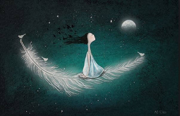 girl flying on a feather