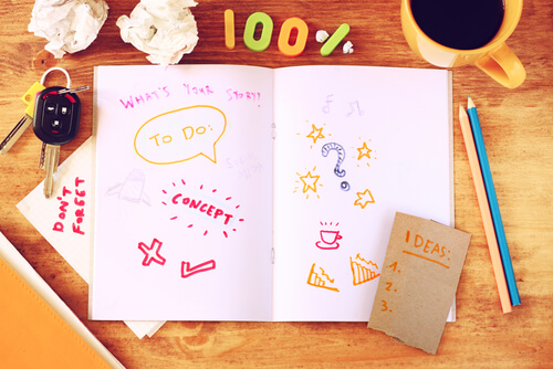 notebook with ideas and doodles multitasking