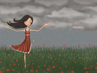 lady in red dress in a flower field