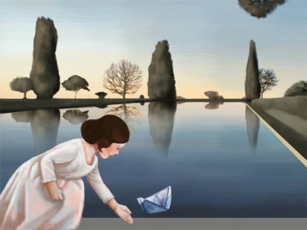 Tekening van een meisje met een papieren bootje