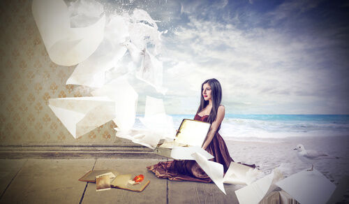 surreal image girl room and beach fantasy