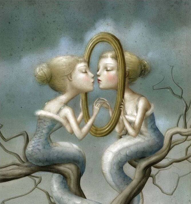 symbolic scene of a woman in front of a mirror