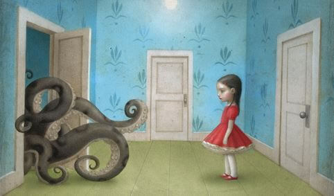 Girl Watching Octopus Come Out Door