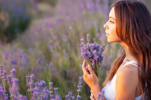 woman with purple flowers