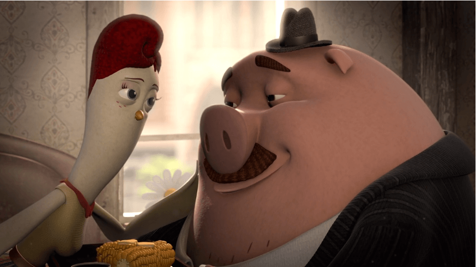 animated pig and chicken in love