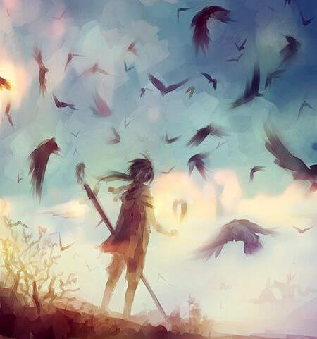 person in field with birds fear