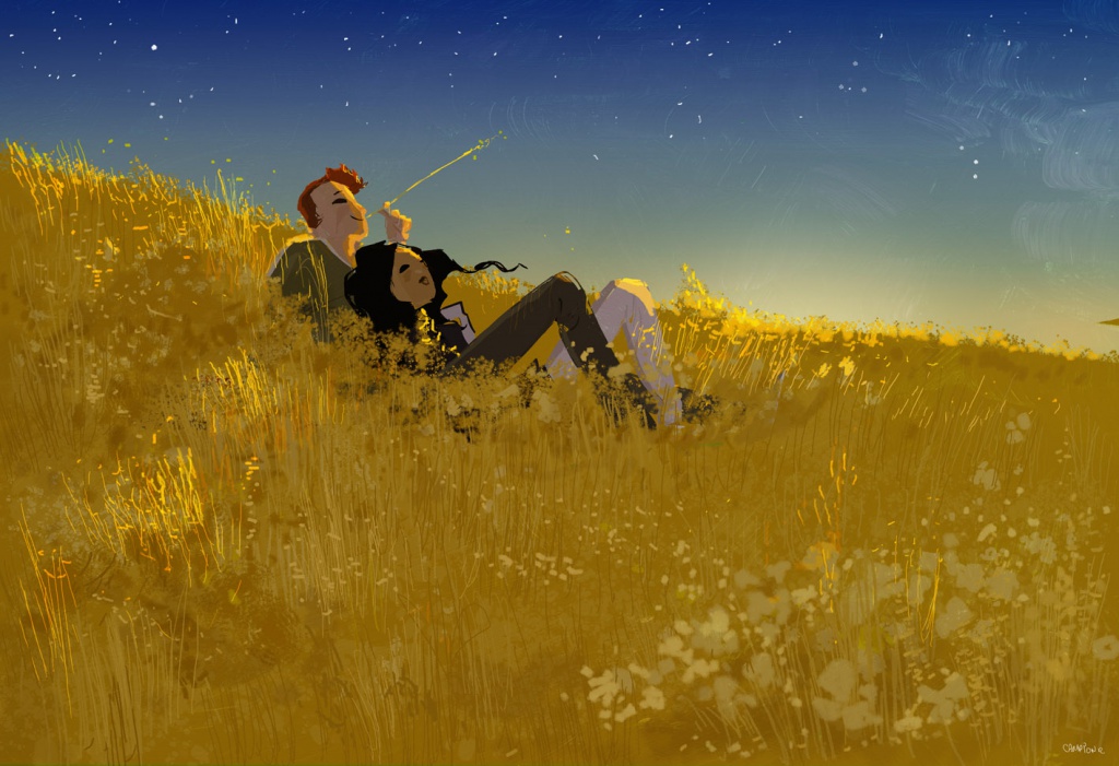 couple lying in a field looking at stars