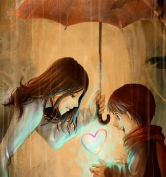 Woman Holding Umbrella Over Boy With Heart