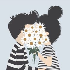 couple hiding behind flowers unreality