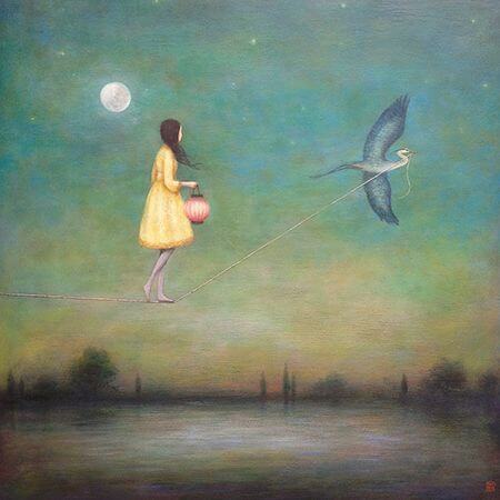 girl on tightrope held by bird