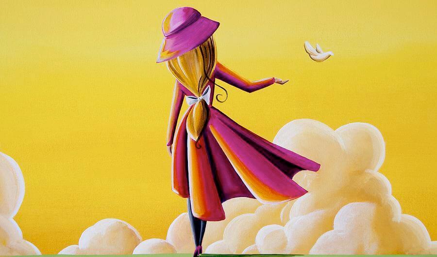 girl with a red coat simbolizing letting a dove go