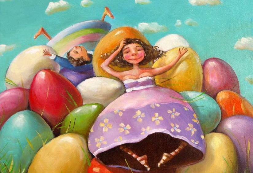 girls with giant colorful eggs