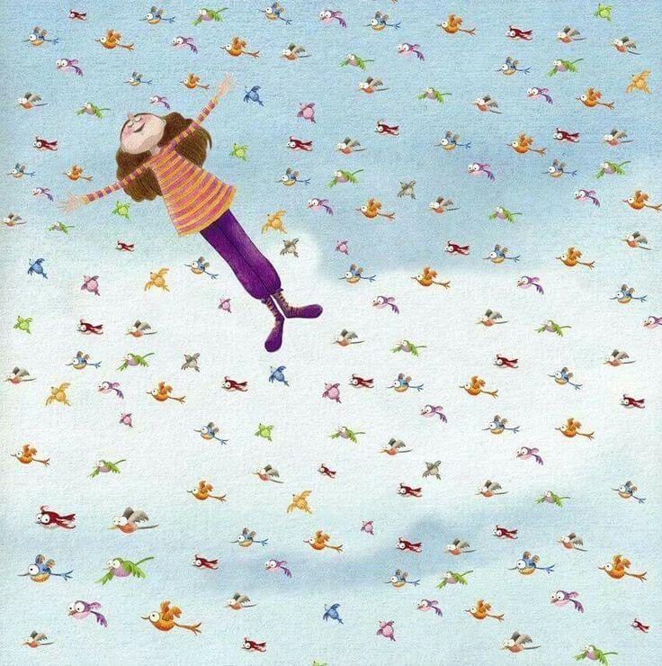 happy woman flying with birds