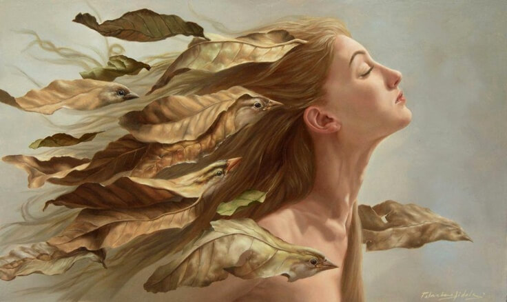 Woman with Leaf Birds in Hair