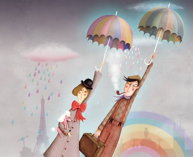 Couple Flying with Umbrellas