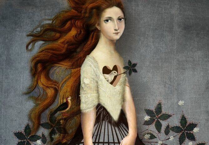 red haired girl with bird in her heart