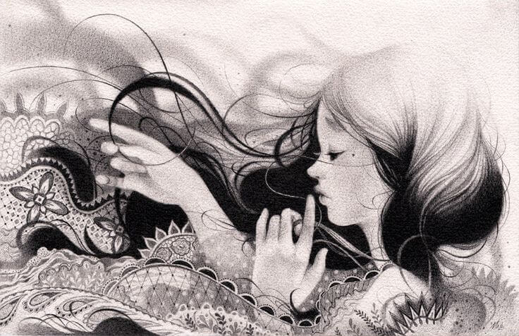 drawing of whispering girl fear