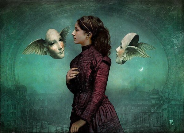 woman and two flying faces