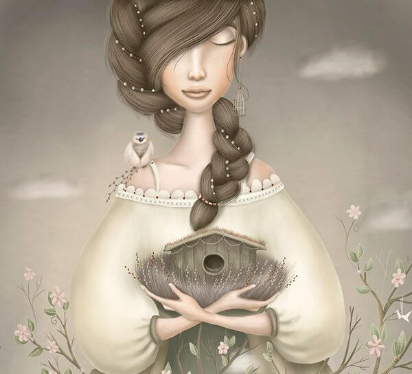 woman with a bird on hr shoulder