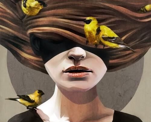 woman with birds in hair