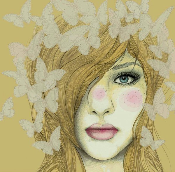 woman with butterflies in her hair