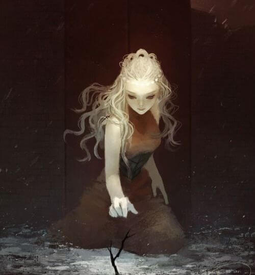 young girl grabbing a branch from the lake