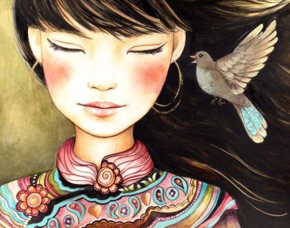 asian girl and bird