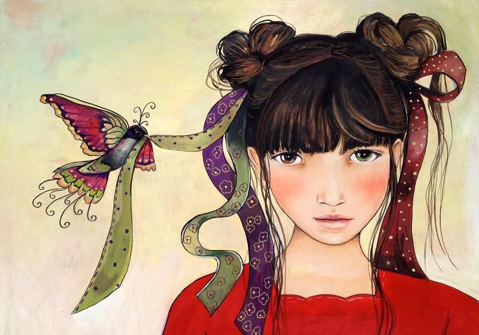 bird holding the ribbon in a girl's hair