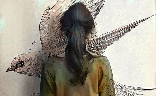 girl facing bird on wall exist