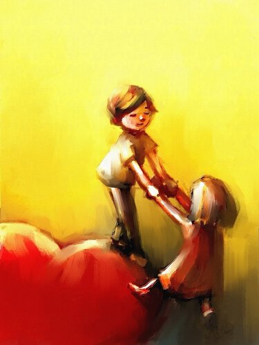 boy helping girl up on giant heart