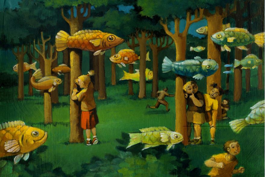 children hide and seek in woods with fish
