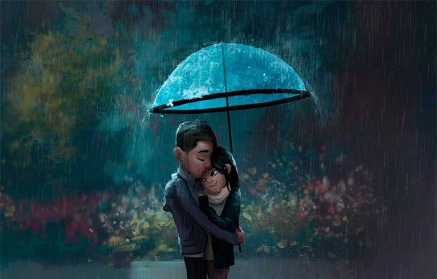 couple hugging in rain