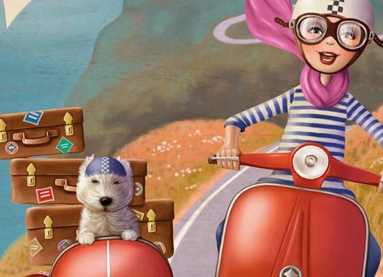 girl and dog on motorbike