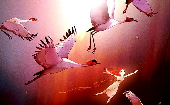 girl flying with birds