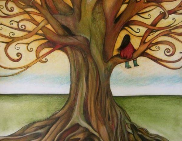 girl sitting on a tree