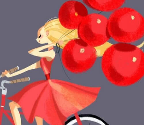 happy girl with red balloons