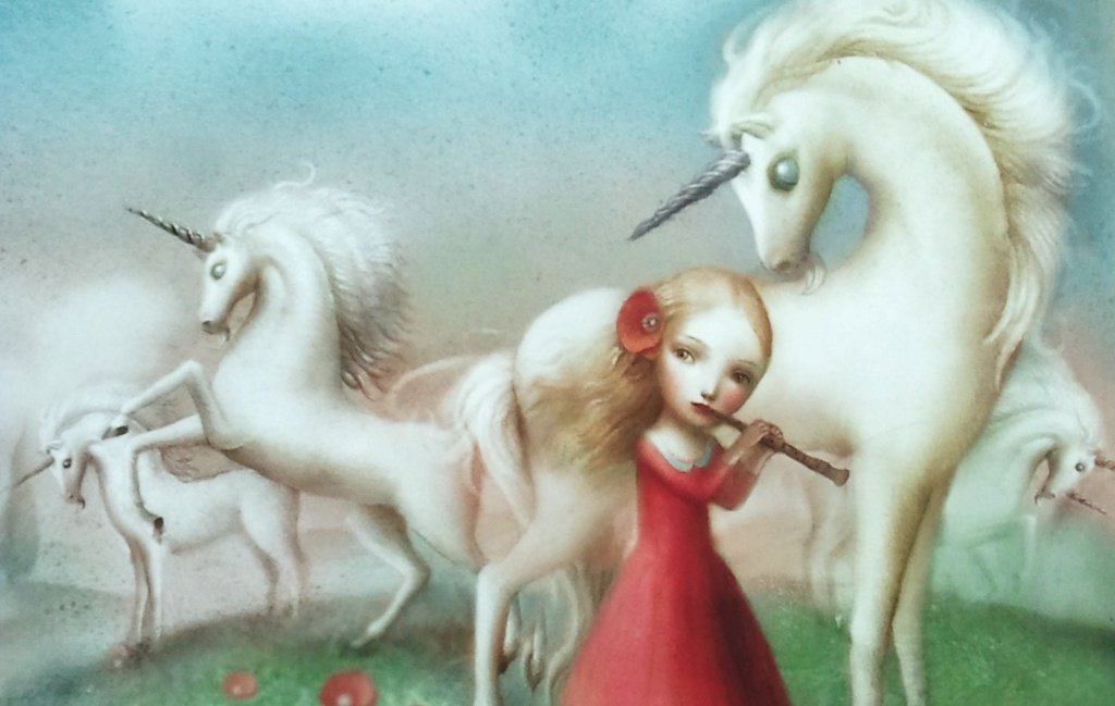 Girl with Unicorns playing Flute