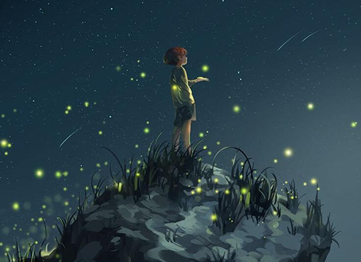Boy with Fireflies and Shooting Stars